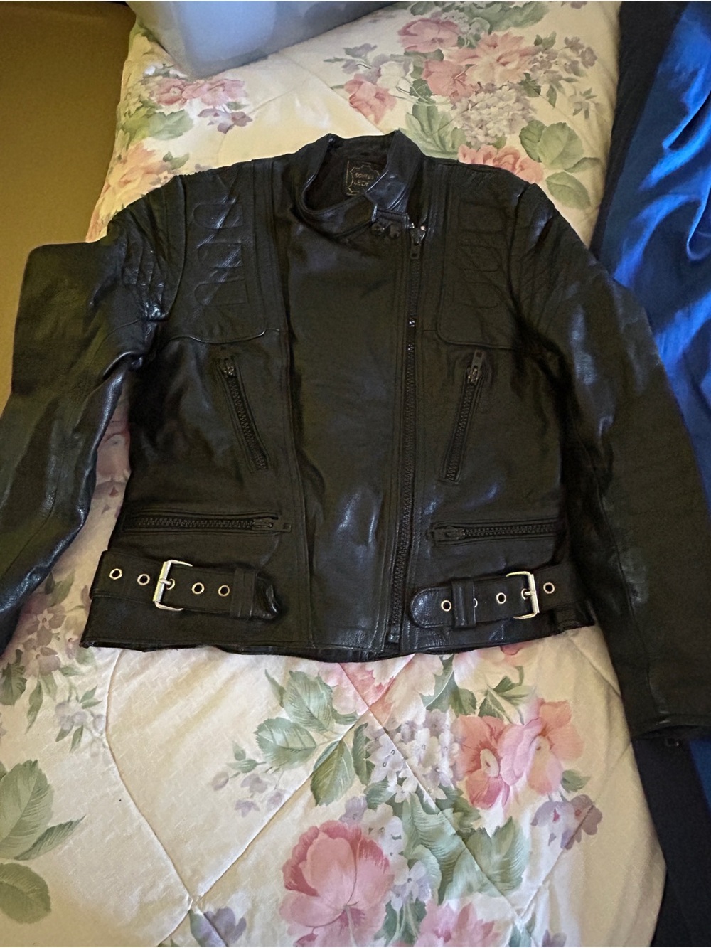 Women's Black Moto Leather Jacket with Belted Waist